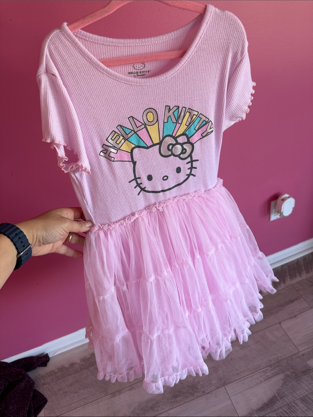 Hello Kitty Pink Ribbed Tee Tulle Dress with Rainbow Graphic